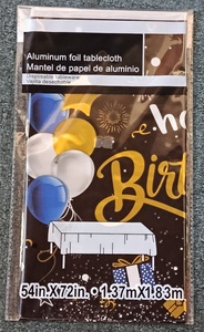 Foil Rectangle Disposable Tablecover 54″x72″ – Blue/Gold Balloons Happy Birthday