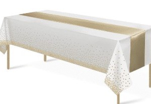 Gold Runner/White Gold Dots Rectangle Plastic 54″X108″ Table Cover