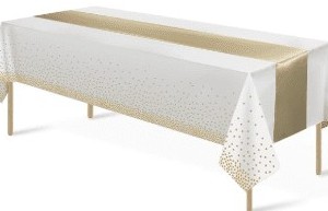 Gold Runner/White Gold Dots Rectangle Plastic 54″X108″ Table Cover
