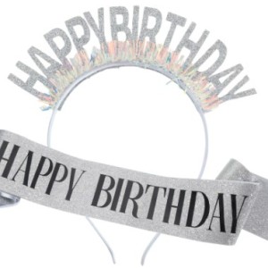 Happy Birthday Headband and Sash – Glitter Silver