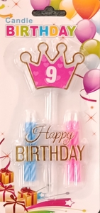 Pink Crown with Happy Birthday Charm & Candles – Number 9