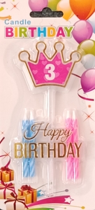 Pink Crown with Happy Birthday Charm & Candles – Number 3
